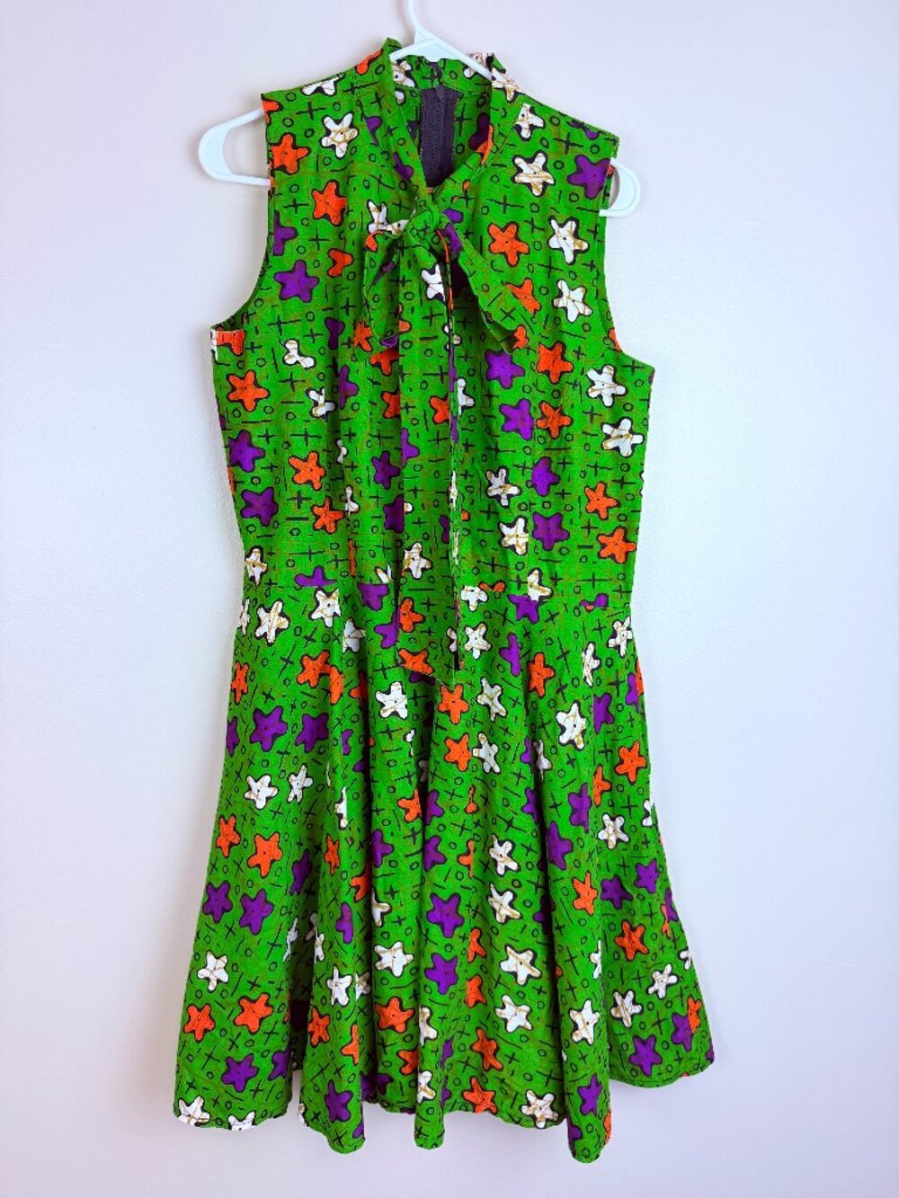 Mae Otti 100% Cotton Retro Print Tie Neck Sleeveless Midi Dress Size XL